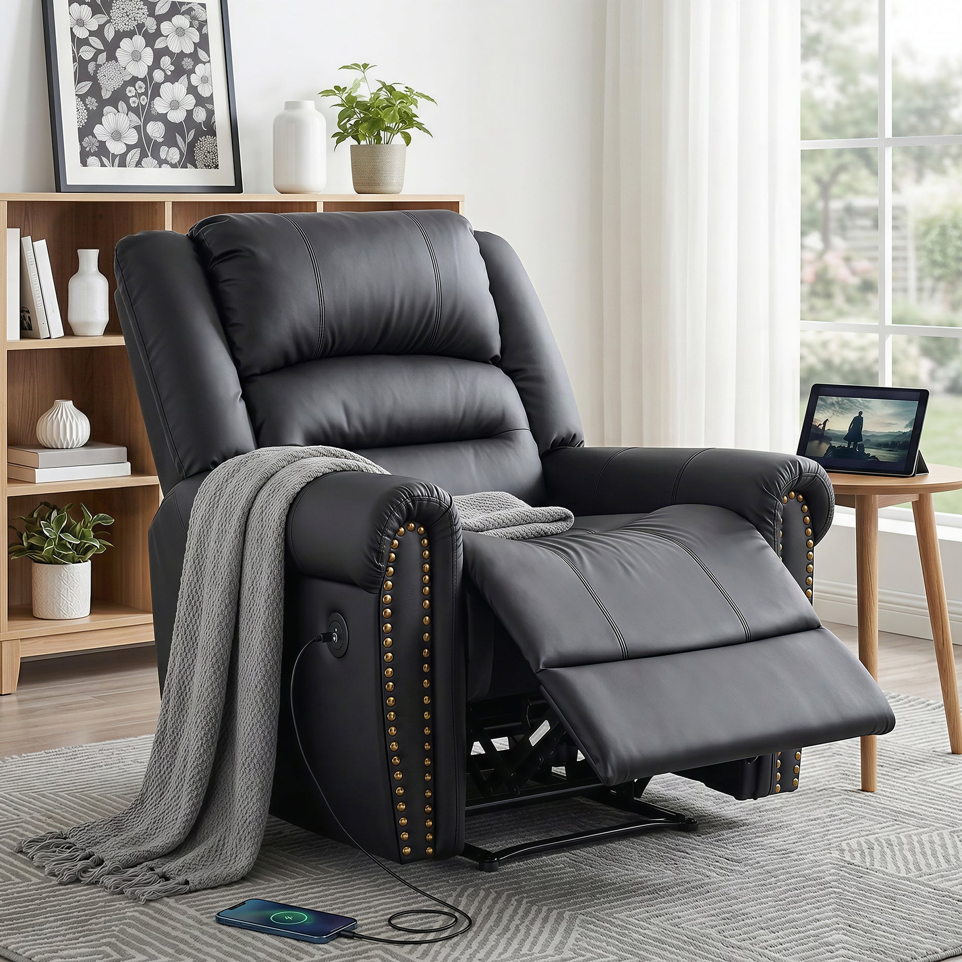 Dimensions of black PU nailhead recliner: 102H 95W cm, back 63cm, seat 59cm, side 64x95cm, reclined 164cm, 150KG capacity
