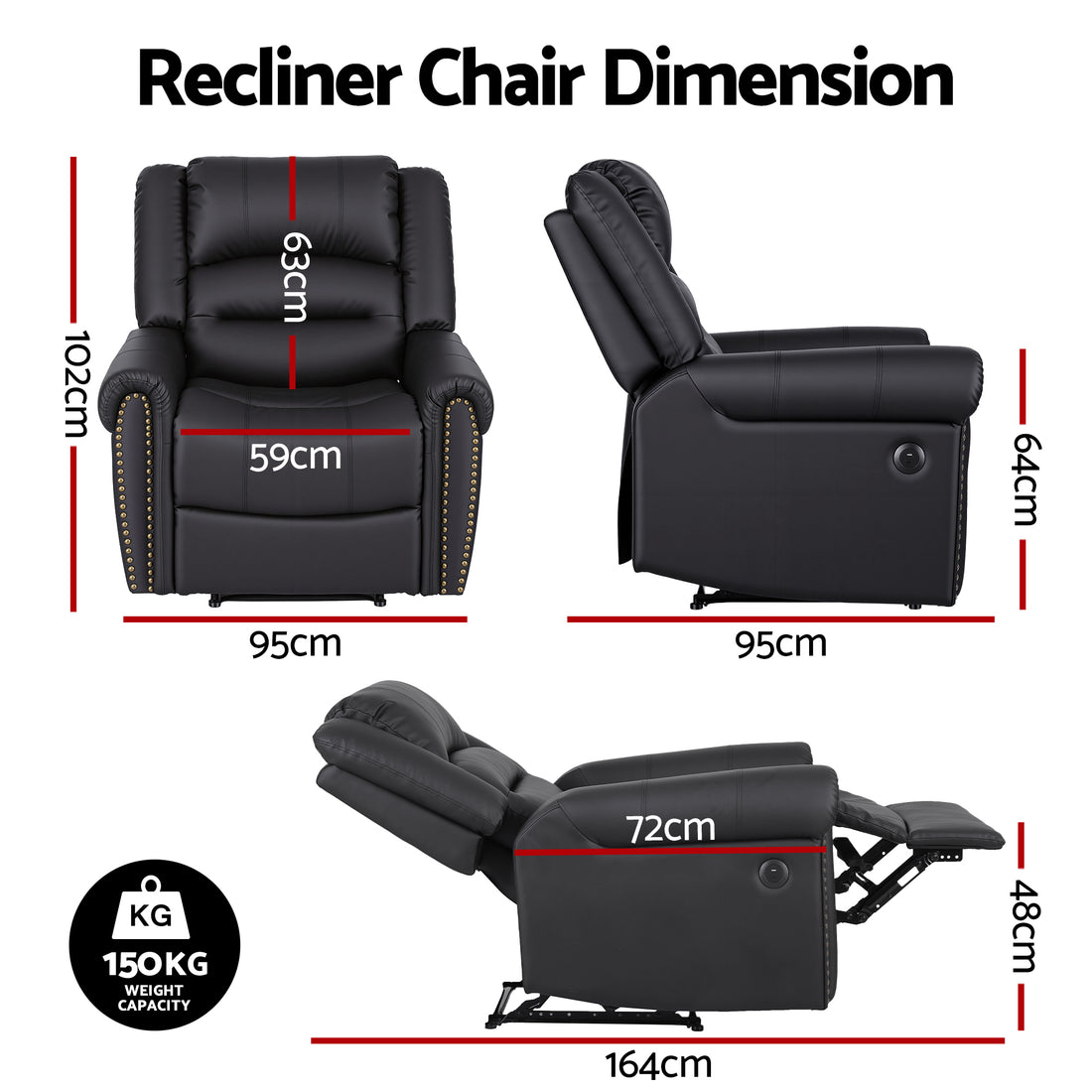 Dimensions of black PU nailhead recliner: 102H 95W cm, back 63cm, seat 59cm, side 64x95cm, reclined 164cm, 150KG capacity