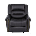 Woman reading in reclined black PU nailhead recliner, 3 angle positions: 90 reading, 120 TV, 135 nap, handle inset