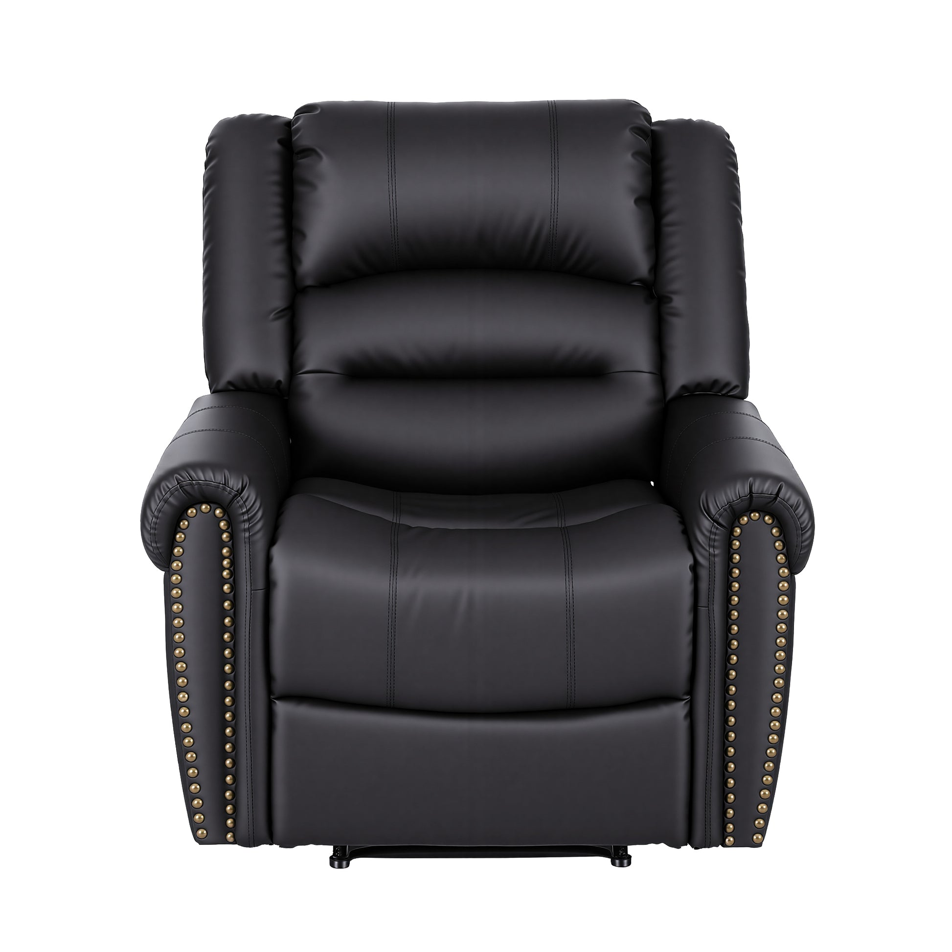 Woman reading in reclined black PU nailhead recliner, 3 angle positions: 90 reading, 120 TV, 135 nap, handle inset