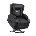 Black PU leather recliner with gold nailhead trim on arms and footrest extended, grey throw, lifestyle with bookshelf