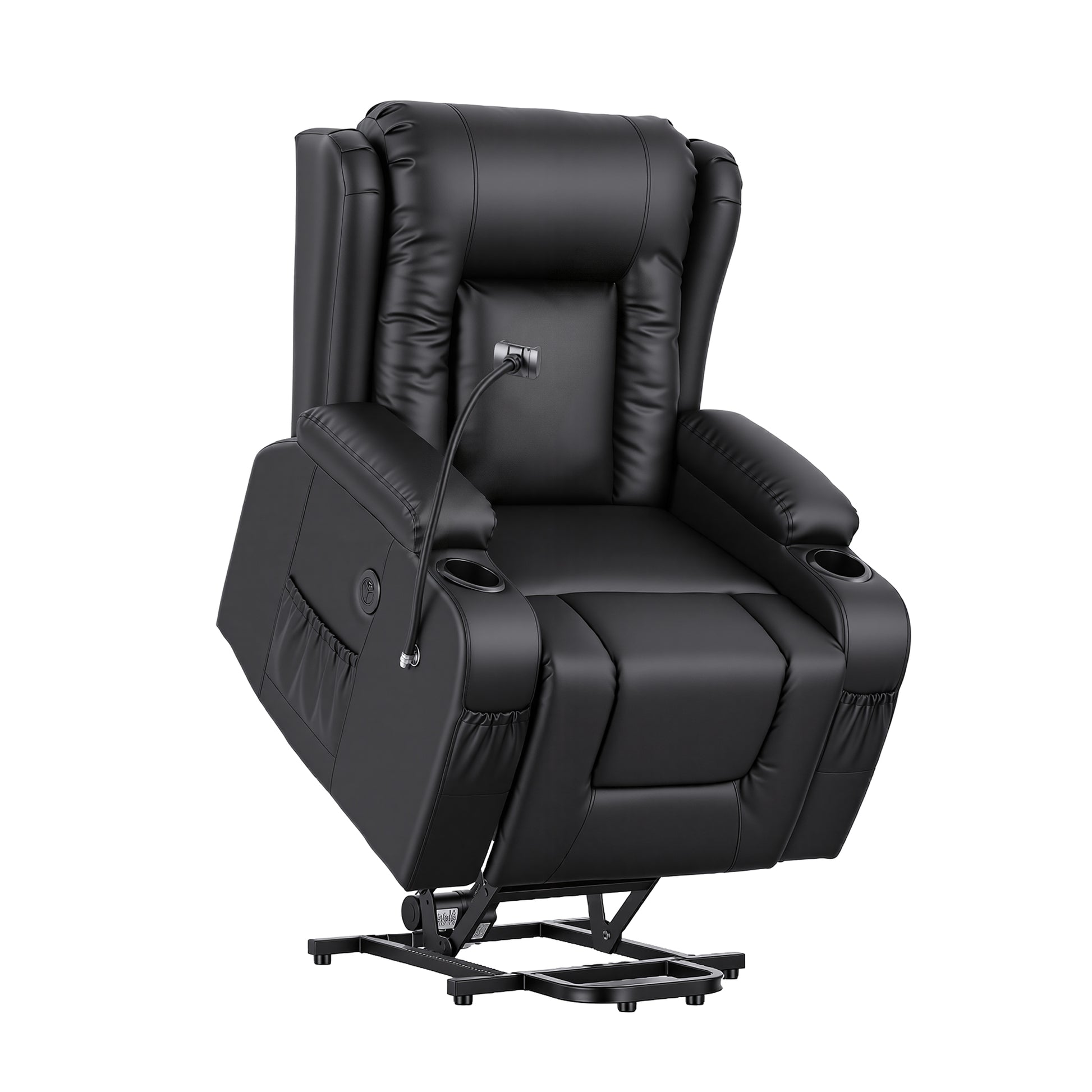 Black PU leather recliner with gold nailhead trim on arms and footrest extended, grey throw, lifestyle with bookshelf