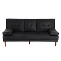 Front view of black PU leather sofa bed with centre fold-down armrest raised and walnut legs
