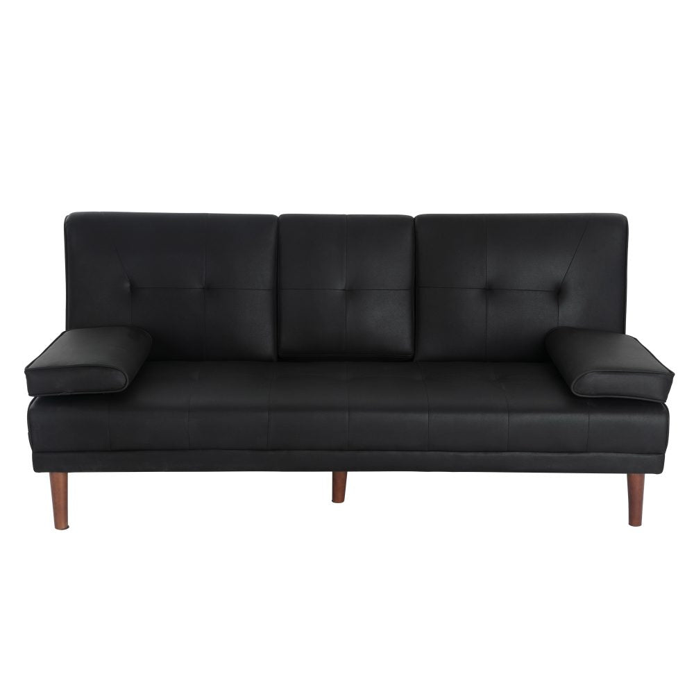 Front view of black PU leather sofa bed with centre fold-down armrest raised and walnut legs