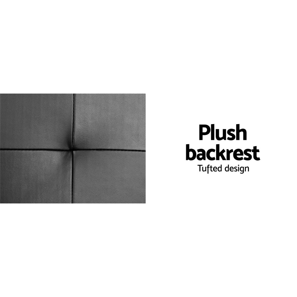 Black PU leather sofa bed tufted backrest close-up showing stitch grid with plush backrest tufted design caption
