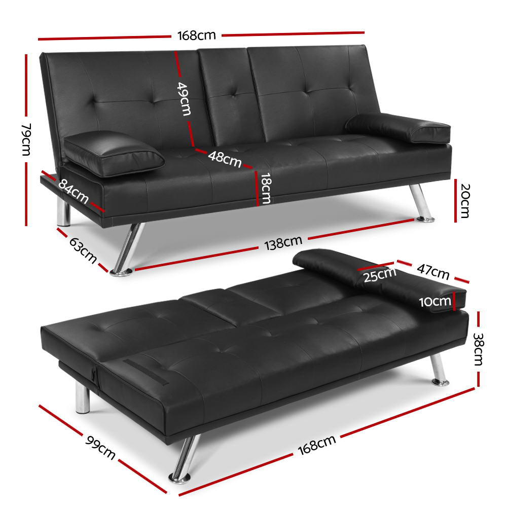 Black PU leather sofa bed dimensions: 168cm wide, 79cm height upright, 99cm depth reclined, chrome legs