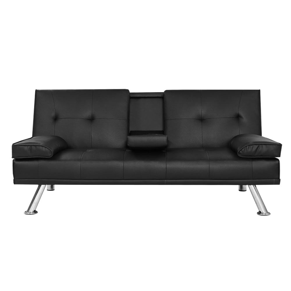 Front view of black PU leather sofa bed with fold-down centre tray, bolster armrests and chrome legs