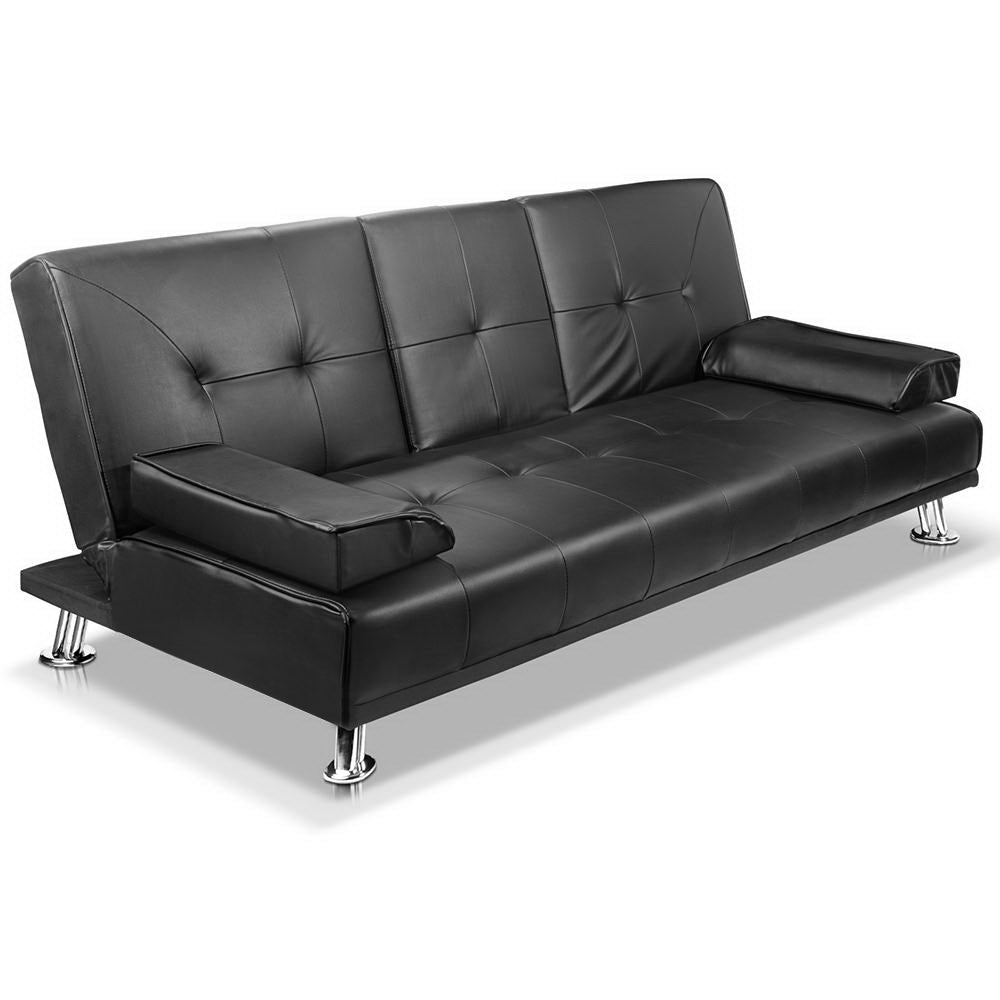 Black PU leather 3-seat sofa bed with fold-down cupholder tray open, two armrest pillows and chrome legs
