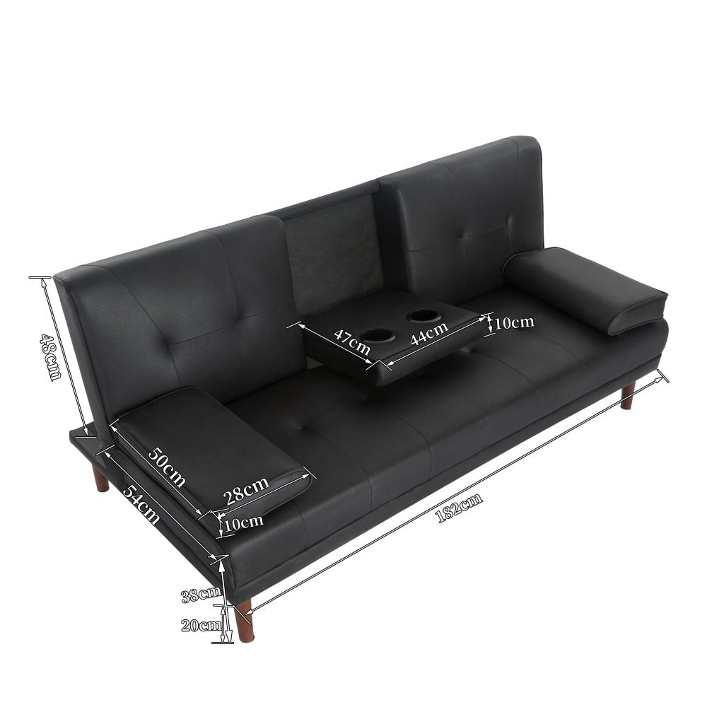 Black PU leather sofa bed dimensions: 182cm wide, 48cm height, 54cm depth, fold-down cup holder
