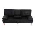 Front view of black PU leather sofa bed with centre fold-down armrest open showing two cup holders
