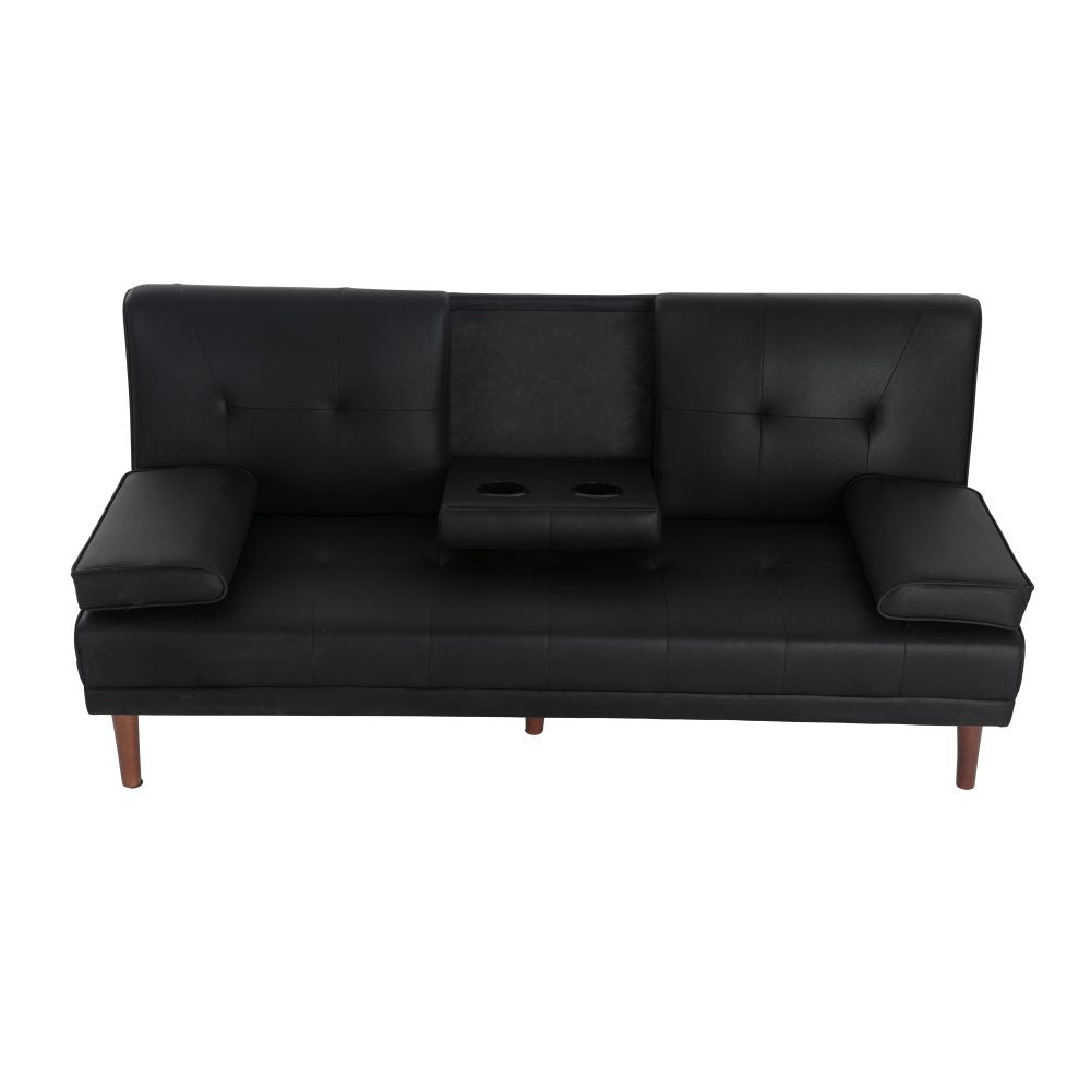 Front view of black PU leather sofa bed with centre fold-down armrest open showing two cup holders