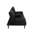 Side profile of black PU leather sofa bed with centre armrest raised showing two cup holders