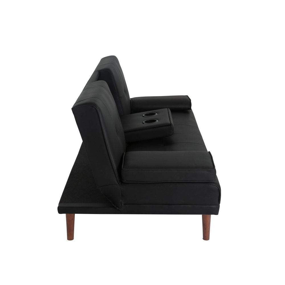 Side profile of black PU leather sofa bed with centre armrest raised showing two cup holders