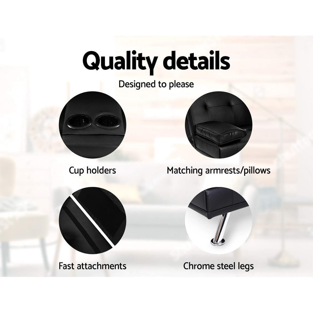 Black PU leather sofa bed quality details: cup holders, matching armrests, fast attachments, chrome legs