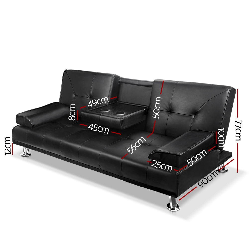 Black PU leather 3-seat sofa bed with fold-down cupholder tray open, two armrest pillows and chrome legs