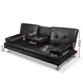 Black PU leather sofa bed dimensions diagram 90cm wide 77cm tall chrome legs 12cm, fold-down tray 49x45cm
