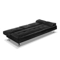 Black PU leather sofa bed fully reclined flat on white background with two bolster pillows and chrome legs
