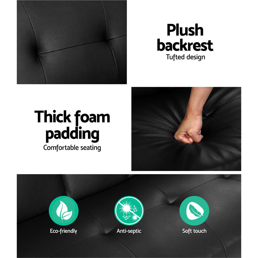 Black PU leather sofa bed infographic showing tufted backrest and foam padding with eco-friendly icons