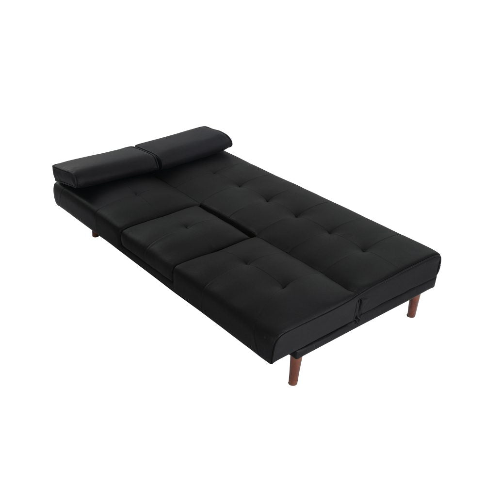 Black PU leather sofa bed fully reclined flat showing walnut legs on white background