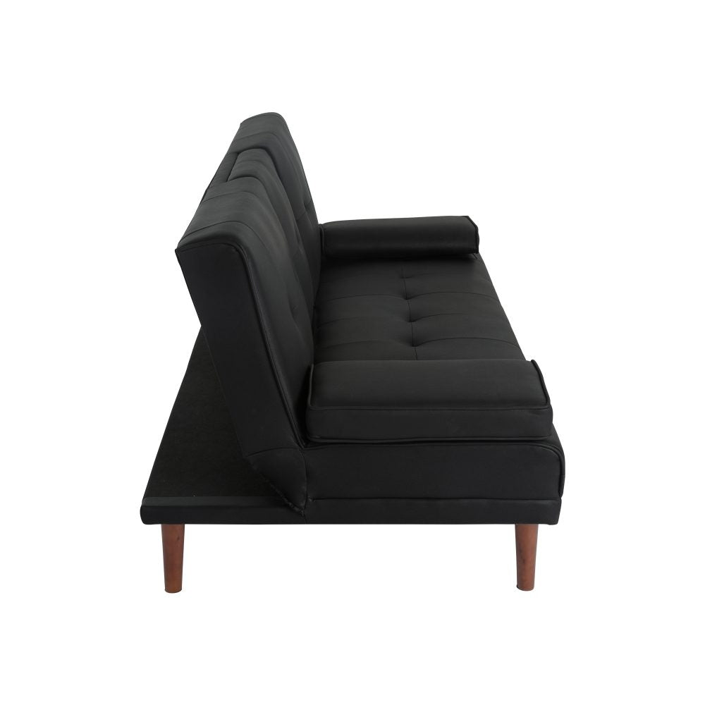 Side view of black PU leather sofa bed with tufted back and small bolster armrest on white background