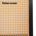 Black arched rattan room divider rattan screen panel close-up showing woven mesh texture and black wood frame edge
