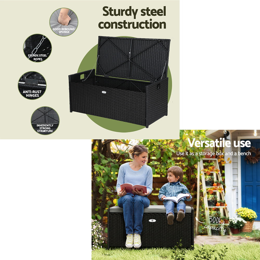Black rattan bench: feature callouts incl. steel ropes, anti-rust hinges; woman and child seated reading; 300kg capacity