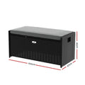 Black rattan outdoor storage bench with grey cushion, dimensions: 100cm length, 47cm depth, 45cm height