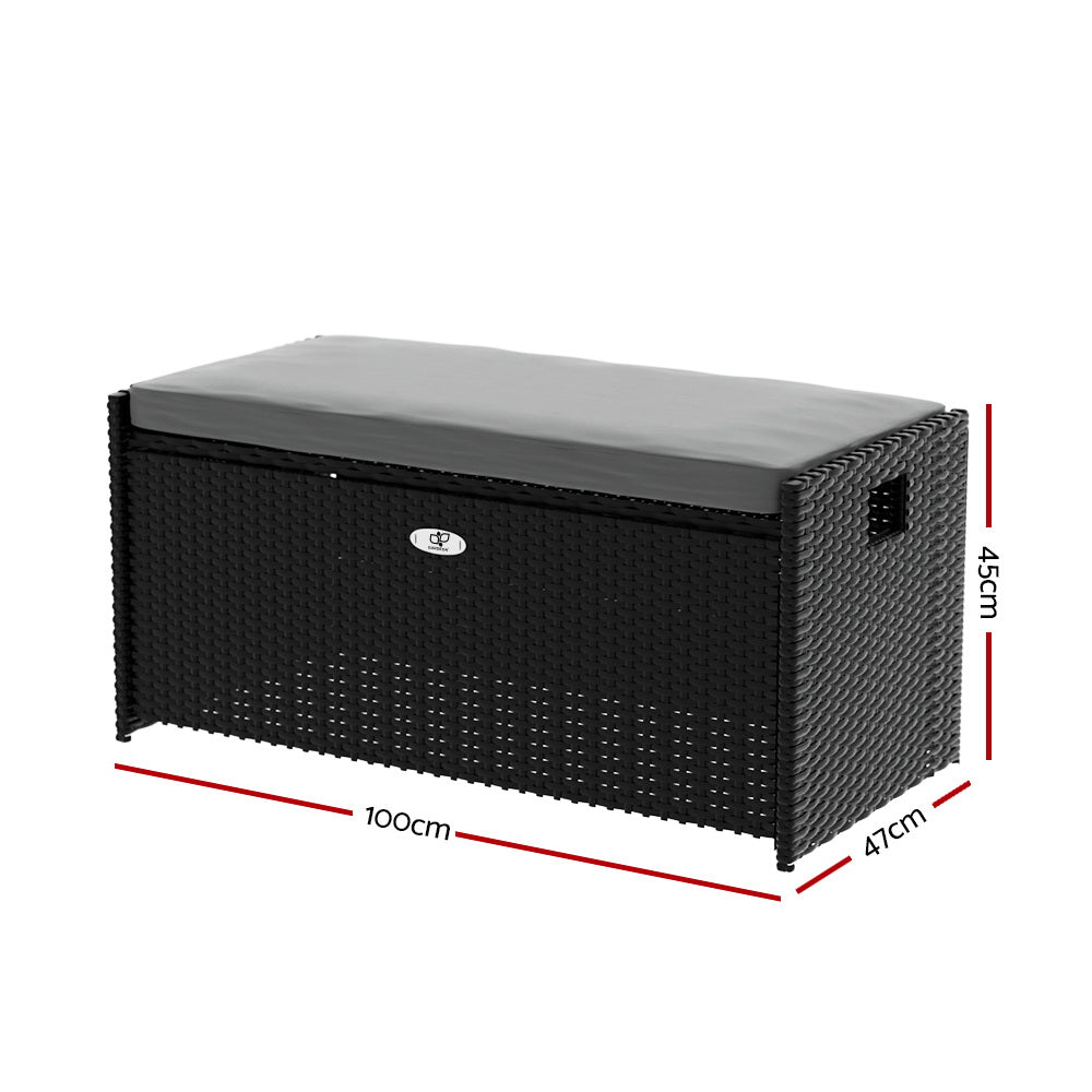 Black rattan outdoor storage bench with grey cushion, dimensions: 100cm length, 47cm depth, 45cm height
