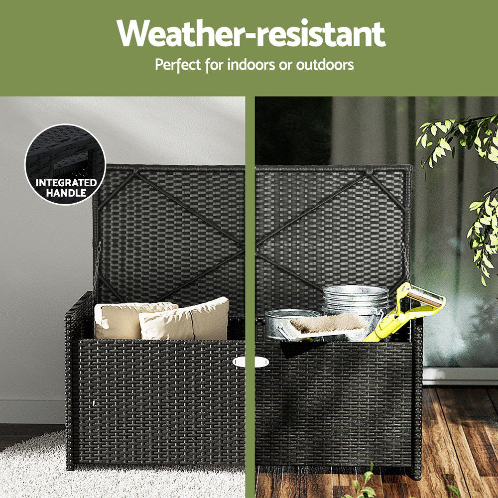 Black rattan bench open: indoor use with pillows and outdoor with garden tools; text: weather-resistant, integrated handle