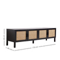 Black rattan TV unit dimension diagram 175x45x50cm four cane-weave doors and black bar handles