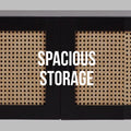 Black rattan TV unit close-up of two cane-weave door panels with Spacious Storage text overlay on black frame
