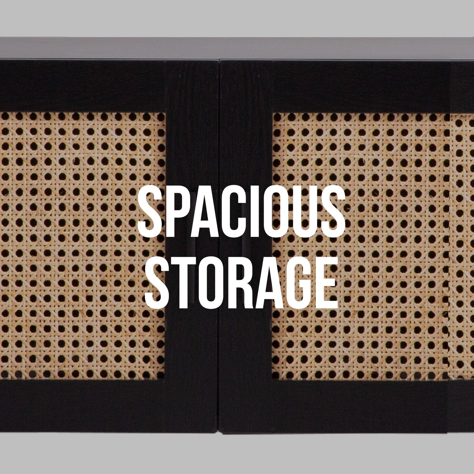 Black rattan TV unit close-up of two cane-weave door panels with Spacious Storage text overlay on black frame