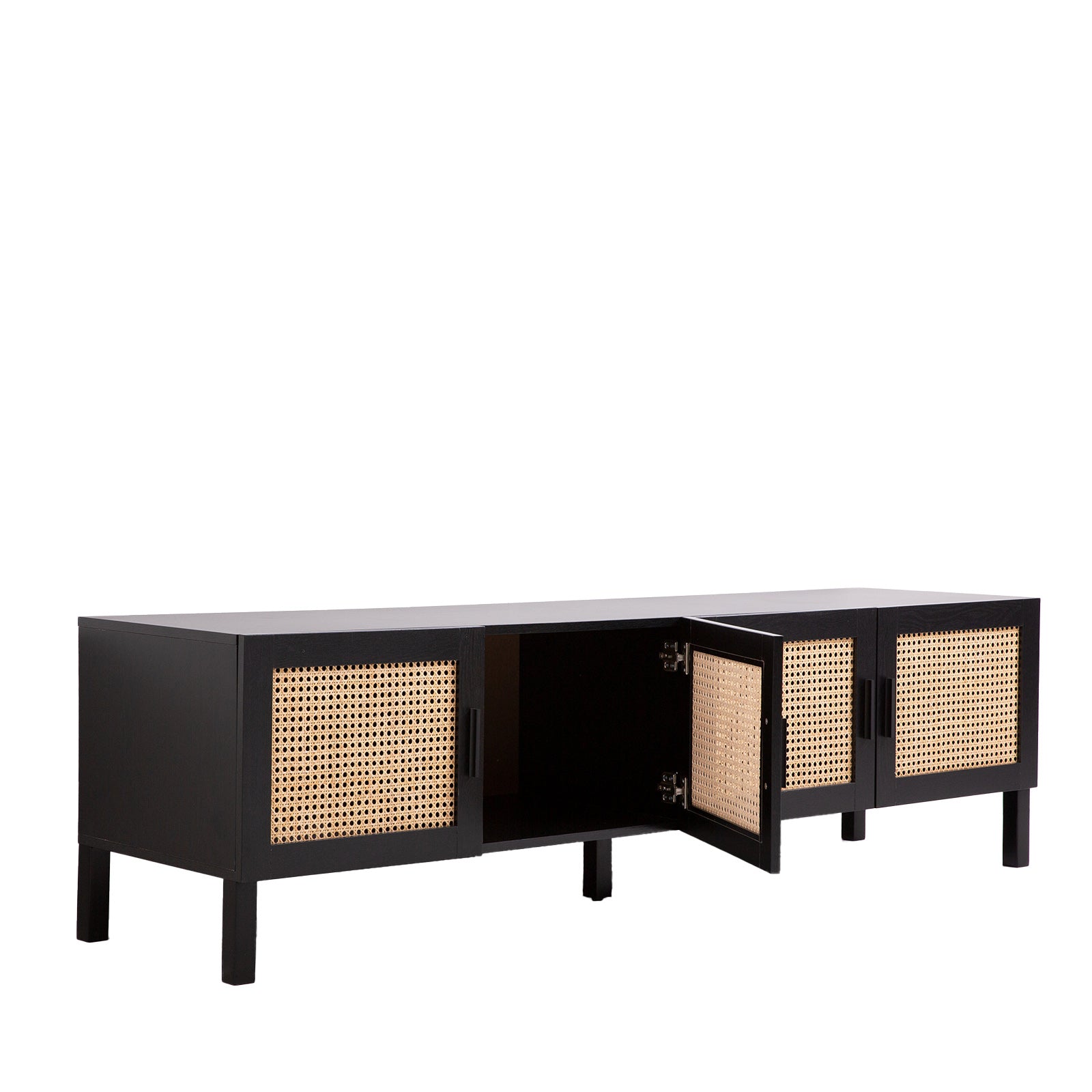 Black rattan TV unit angle view two center doors open on white showing black interior cabinet on black legs