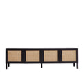 Black rattan TV unit front view on white four cane-weave doors black bar handles and square black legs