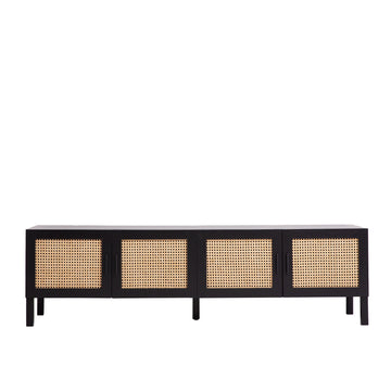 Black rattan TV unit front view on white four cane-weave doors black bar handles and square black legs