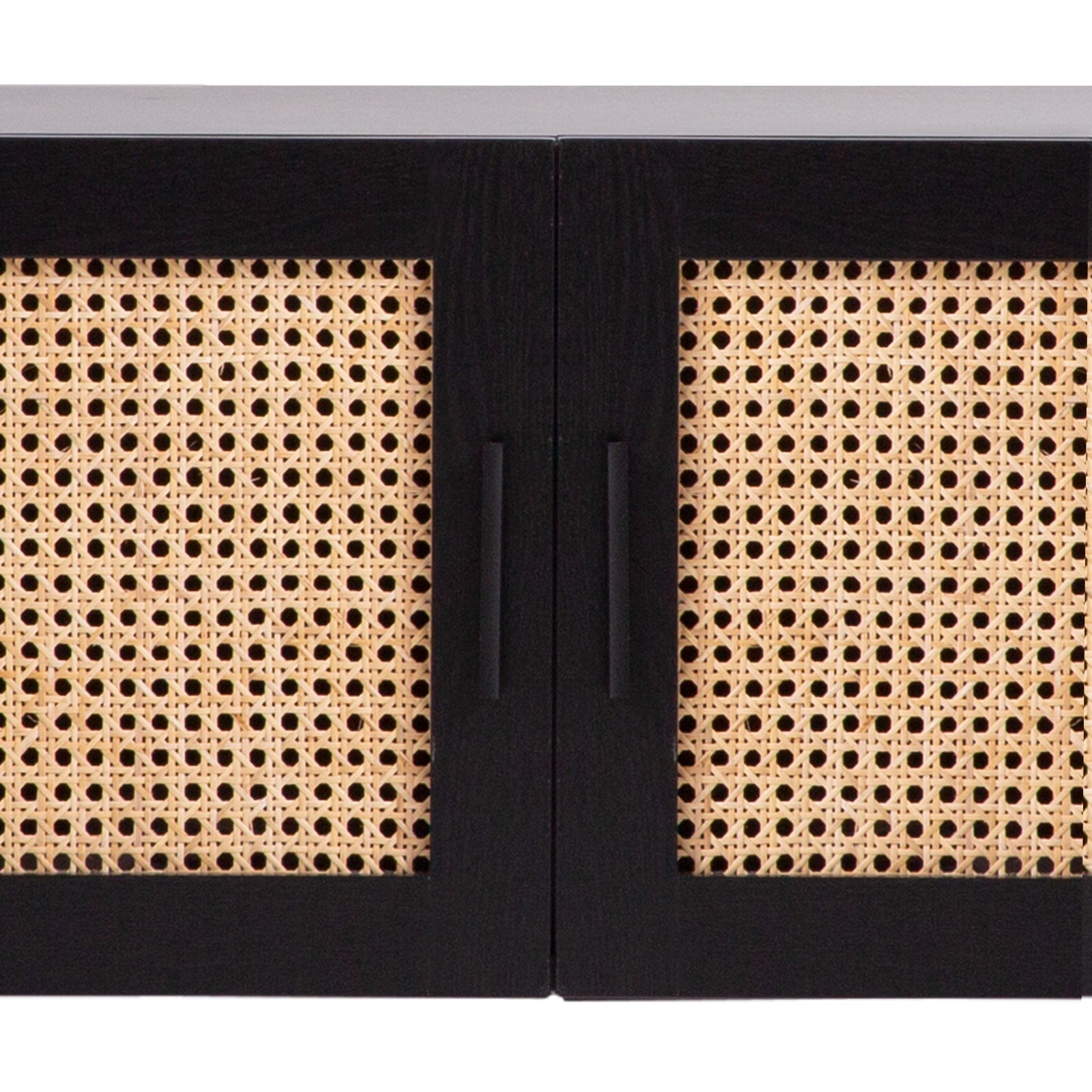 Black rattan TV unit close-up of two cane-weave door panels and black bar handles on black frame