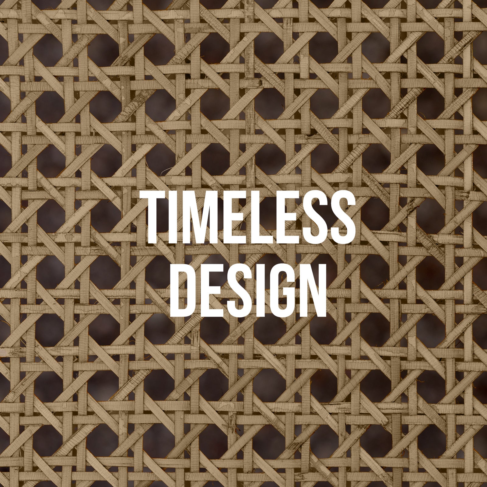 Close-up of woven rattan panel pattern on black TV unit doors with Timeless Design text overlay