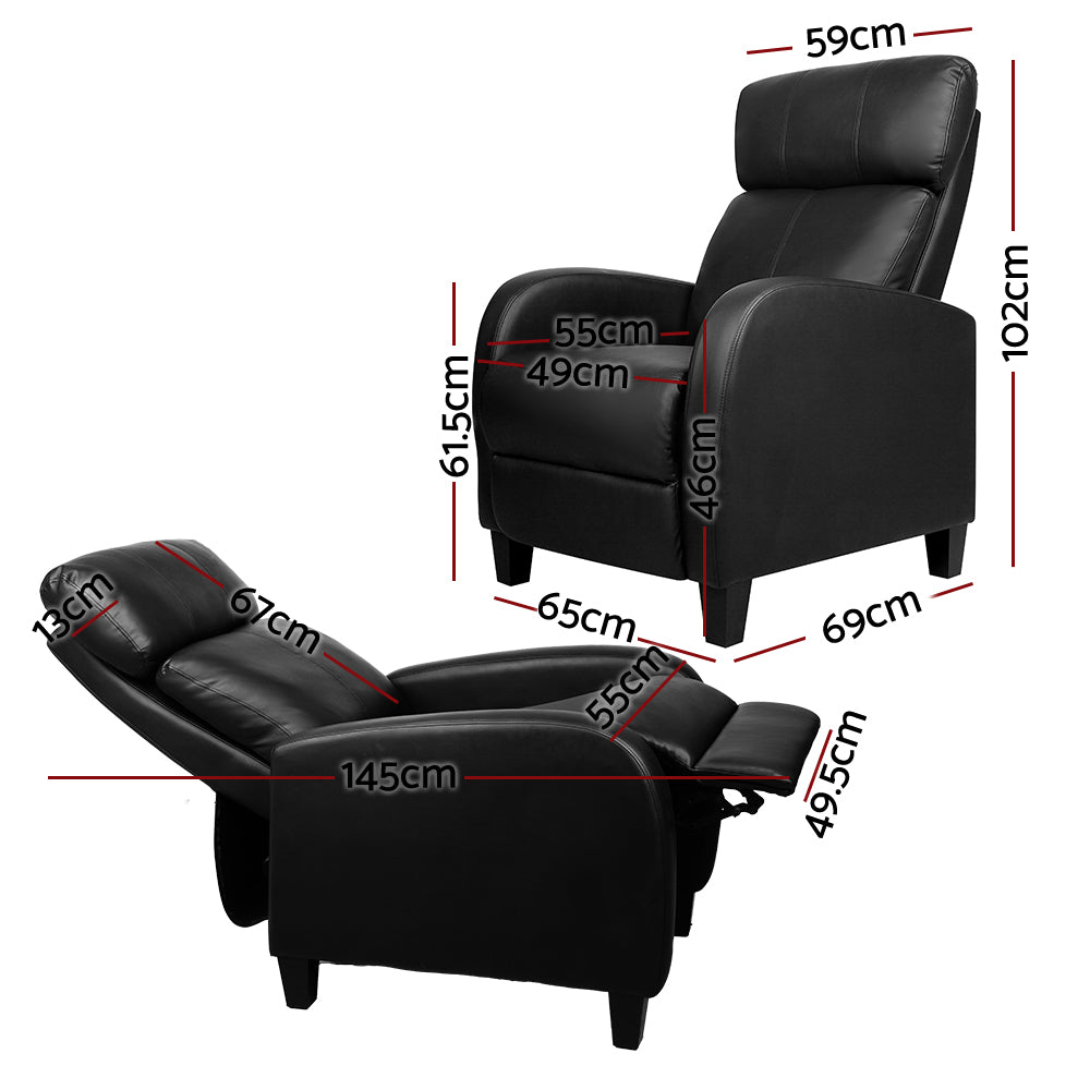 Black PU leather recliner chair dimensions: 59cm wide, 102cm tall upright, 145cm reclined