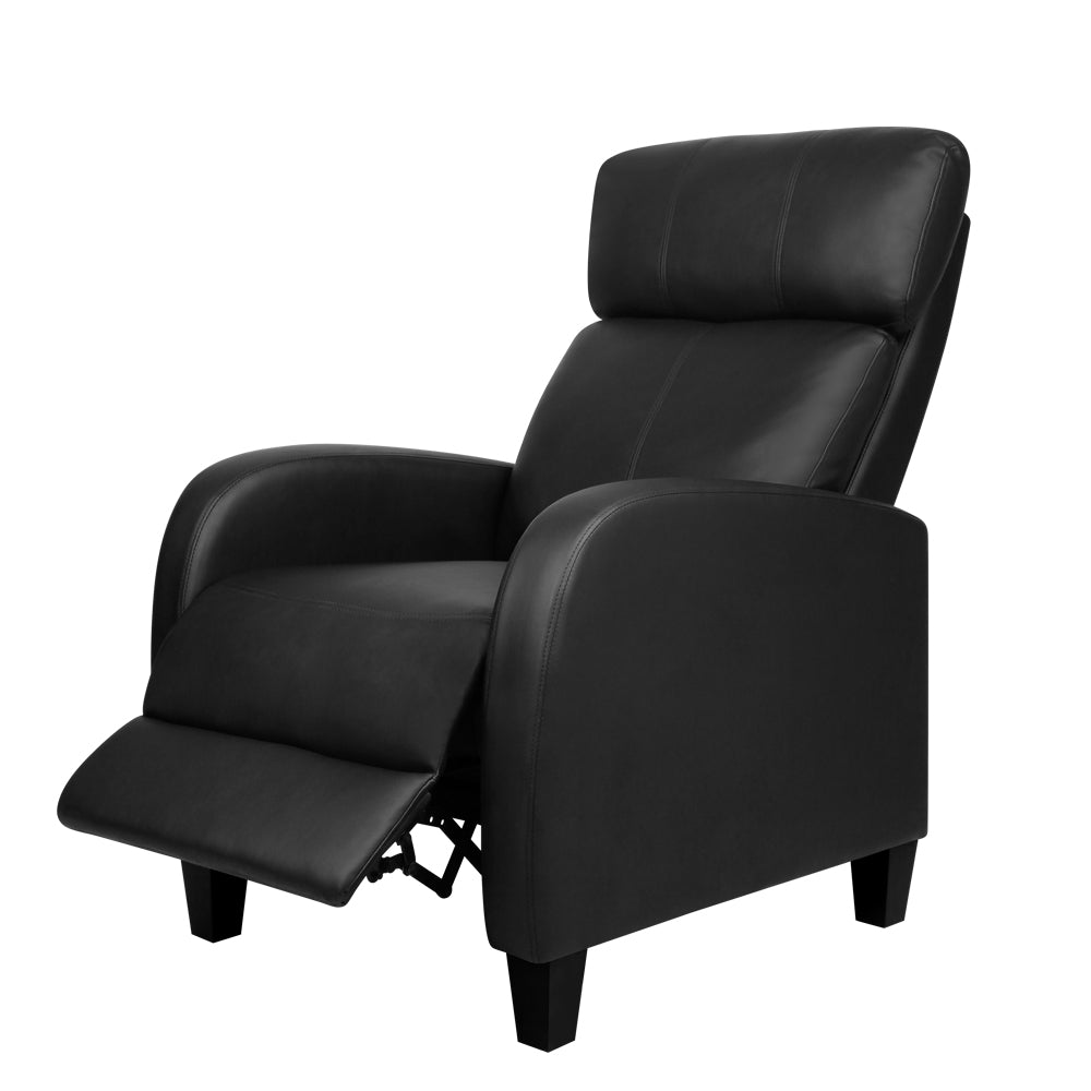 Black PU leather recliner chair with footrest extended, three-quarter angle view on white background