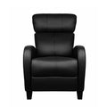 Black PU leather recliner chair front view with padded headrest and curved armrests on white background