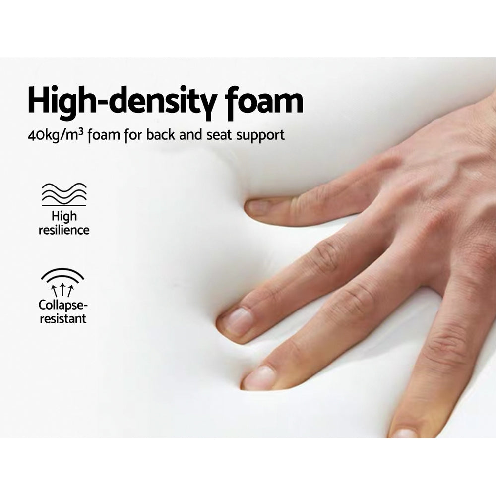 Hand pressing into white foam cushion, text: High-density foam, 40kg/m³, High resilience, Collapse-resistant