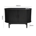 Dimension diagram of black reeded sideboard: 100cm wide, 50cm deep, 68cm tall, 20cm leg height
