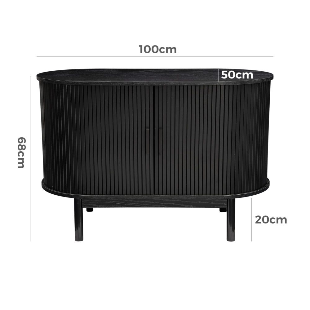 Dimension diagram of black reeded sideboard: 100cm wide, 50cm deep, 68cm tall, 20cm leg height