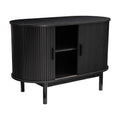 Black reeded sideboard angled view on white background with both doors open showing interior shelf
