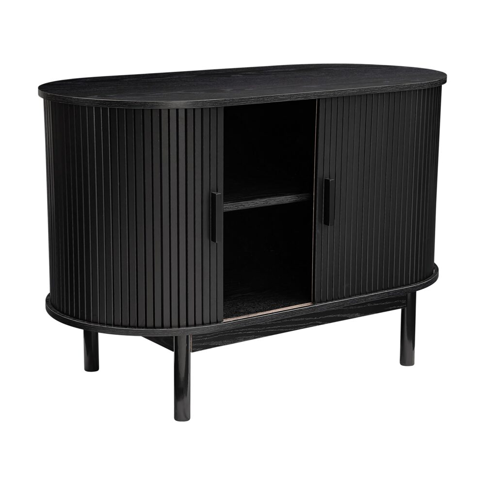 Black reeded sideboard angled view on white background with both doors open showing interior shelf