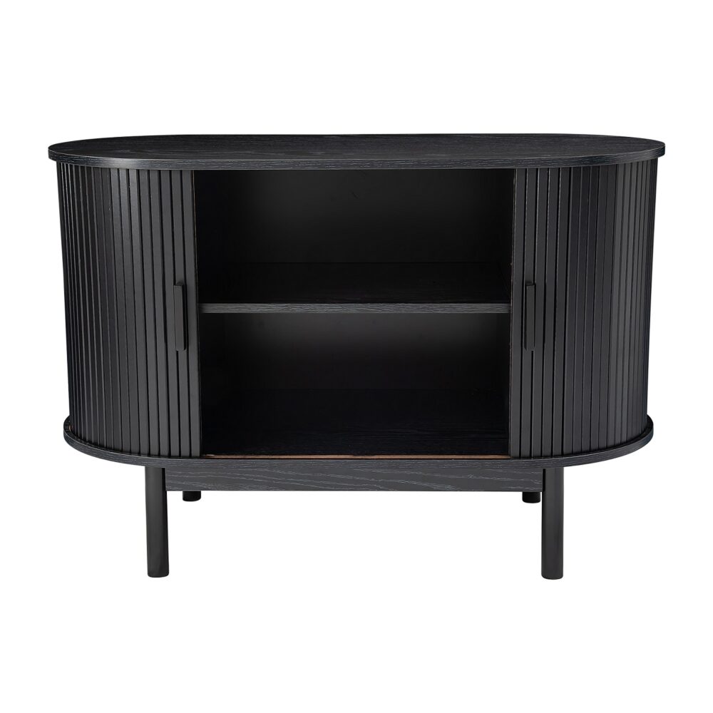 Black reeded sideboard front view on white background with both doors slid open showing interior shelf