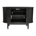 Black reeded sideboard open interior dimension diagram showing 50cm width and 45cm height with adjustable shelf arrows