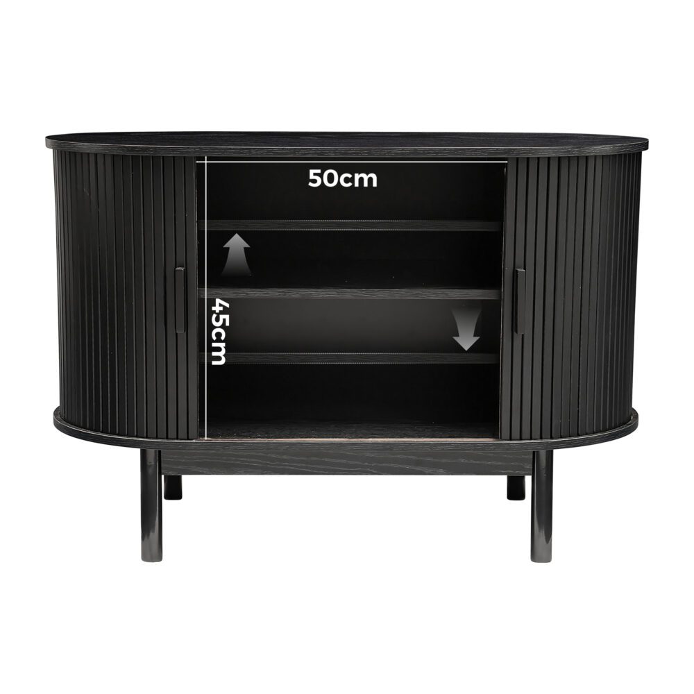 Black reeded sideboard open interior dimension diagram showing 50cm width and 45cm height with adjustable shelf arrows