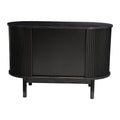 Black reeded sideboard rear view on white background showing flat back panel with rounded reeded ends and tapered legs