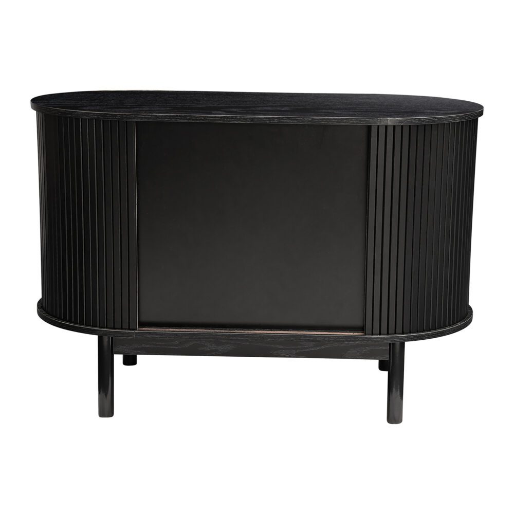 Black reeded sideboard rear view on white background showing flat back panel with rounded reeded ends and tapered legs